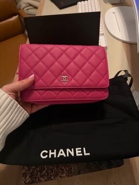CHANEL Pink Quilted Flap Wallet on Chain